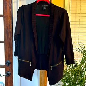 Joan Vass black sweater sz L zipper pocket sexy career cardigan blazer jacket